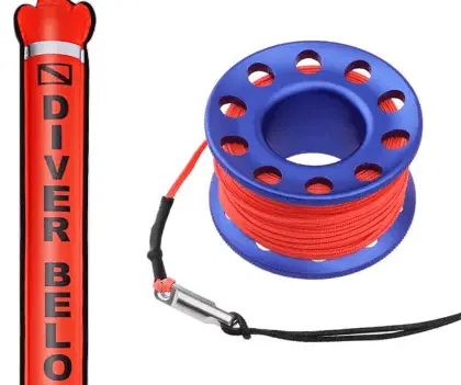 Seafard 4ft Scuba Diving Open Bottom Surface Marker Buoy (SMB) with 49ft Finger Spool Alloy Dive Reel and Double Ended Bolt Clip