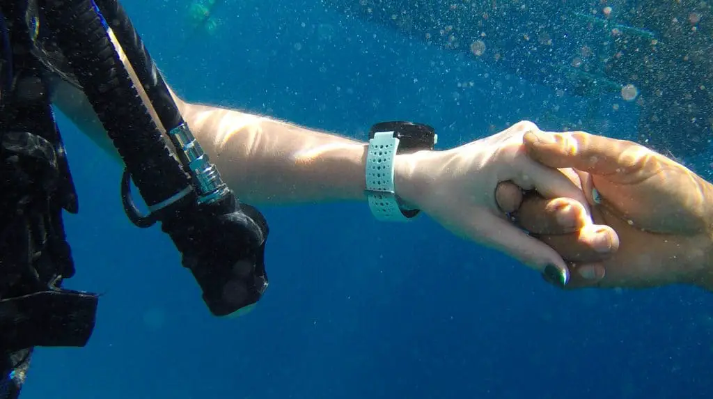 Scuba diving couple with wrist mounted computer