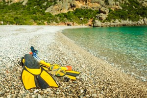 Snorkel fins with long paddles and heels that are open