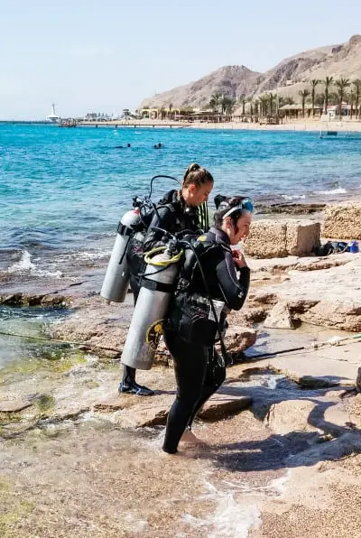 Two Divers on Shore