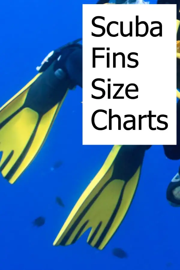 Chart and table for the right sizing of various scuba dive fins brands